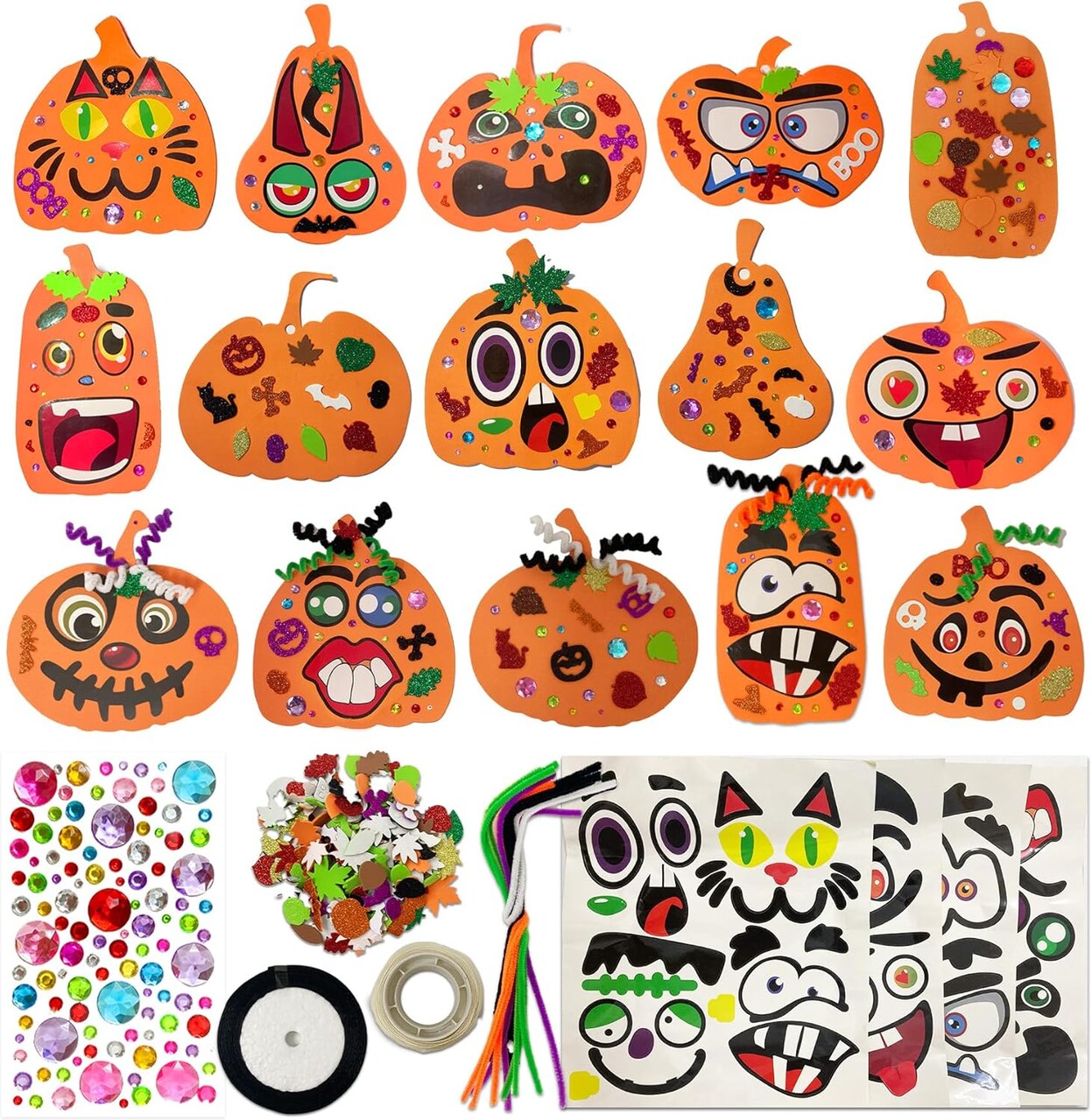 Halloween Pumpkin Shape Foam Stickers Set,DIY Self-Adhesive Halloween Craft Kit for Kids Decoration,Halloween Foam Pumpkin Craft Kit Unfinished Pumpkins Stickers